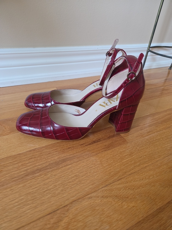 Zara Shoes - Zara Deep Red Croc-Embossed Block Heel Pump with Ankle Strap .new without tags